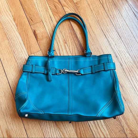 Coach Teal Blue Leather Shoulder Bag Purse - Picture 1 of 6